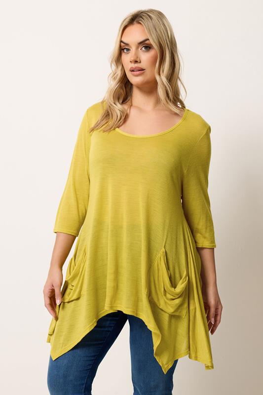 YOURS Plus Size Yellow Hanky Hem Pocket Front Top | Yours Clothing 1
