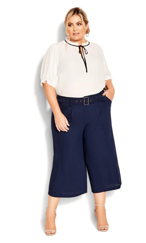 Plus Size  City Chic Navy Blue Belted Wide Leg Trousers