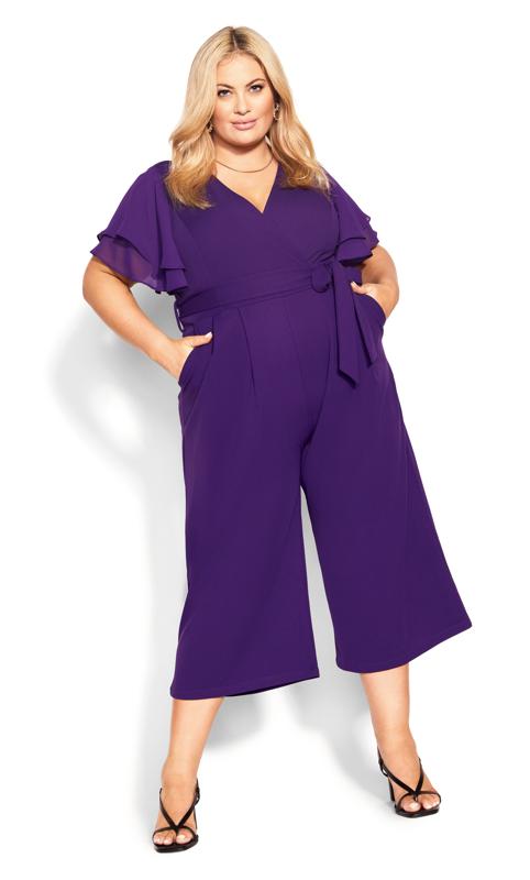 Plus Size  Evans Purple Wrap Tie Waist Culotte Jumpsuit