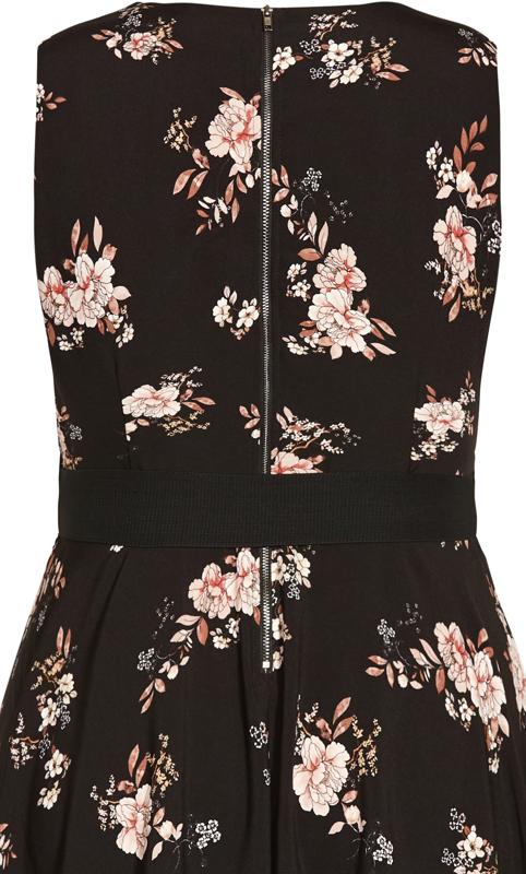 Plus Size Black Floral Print Imperial Knee Length Buckle Waist Belt Dress 5