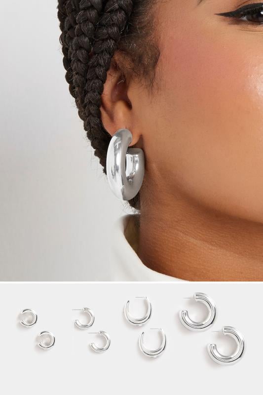 4 PACK Silver Tone Statement Chunky Hoop Earrings | Yours Clothing  1