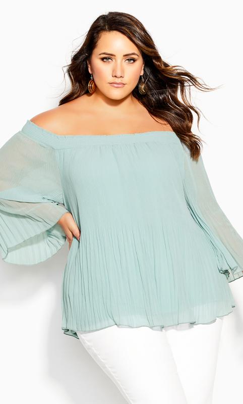 City Chic Light Green Pleated Off Shoulder Top 2