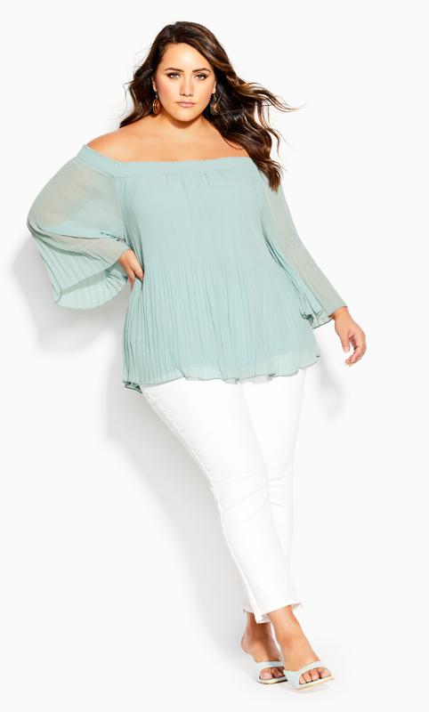 City Chic Light Green Pleated Off Shoulder Top 1