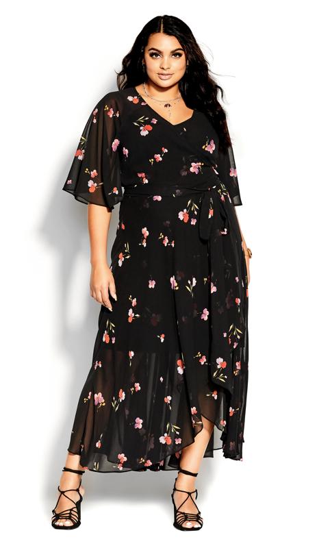 Plus Size  City Chic Black Floral Print Chiffon Maxi Wrap Dress