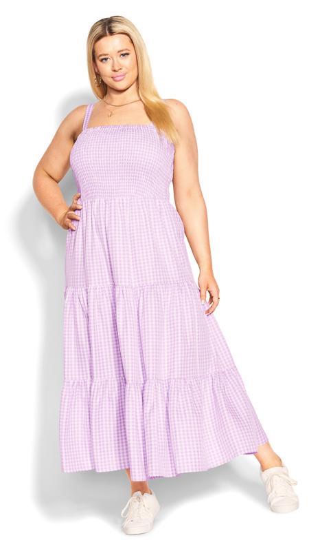 Evans Light Purple Gingham Shirred Maxi Dress 1