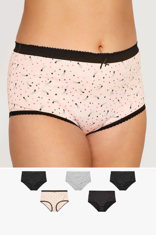 Plus Size 5 PACK Black Shooting Star High Waisted Full Briefs | Yours Clothing  1