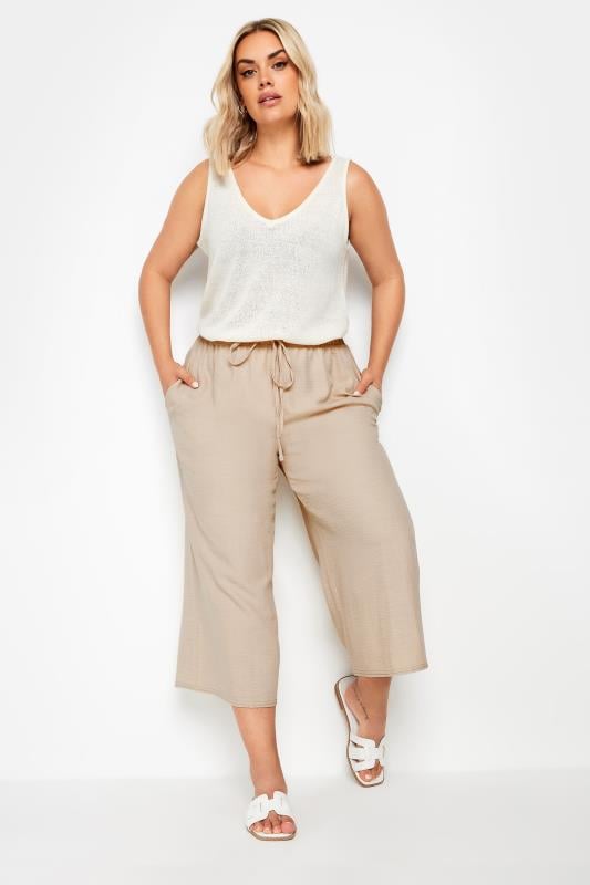 YOURS Plus Size Beige Brown Linen Look Cropped Trousers | Yours Clothing 2