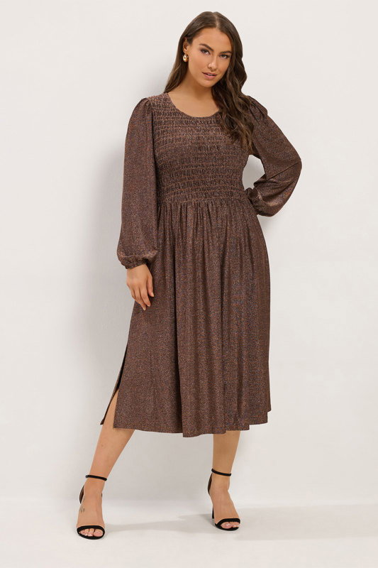 YOURS Plus Size Gold Sparkle Shirred Peplum Midi Dress
