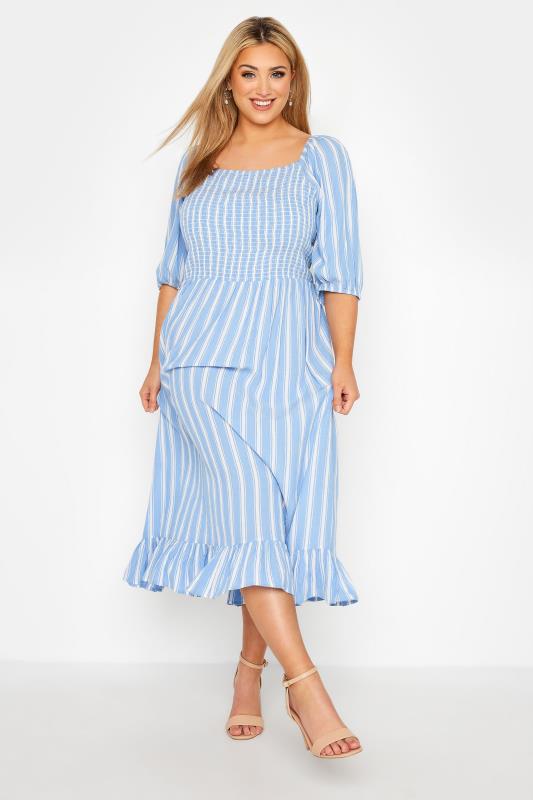 YOURS LONDON Curve Blue Stripe Puff Sleeve Maxi Dress_A.jpg