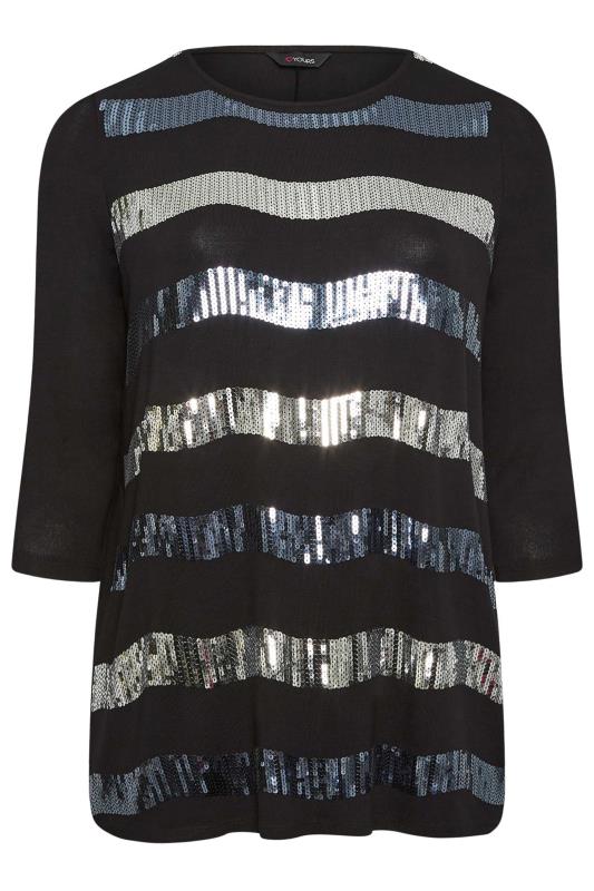 YOURS Curve Plus Size Black Sequin Striped Long Sleeve Top | Yours Clothing  5