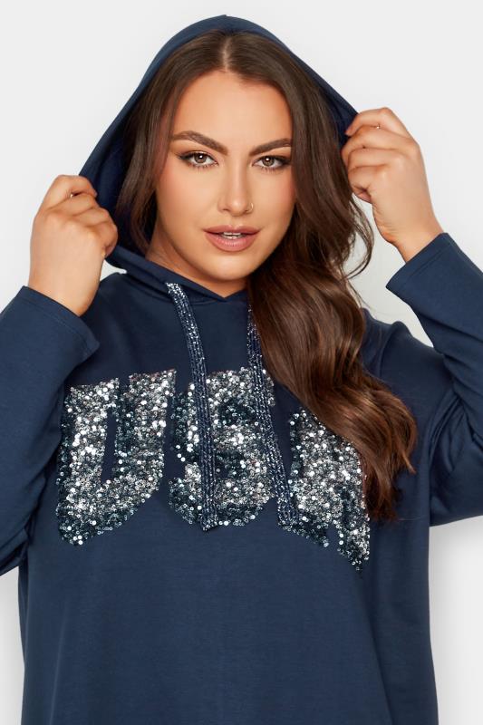 YOURS Plus Size Curve Navy Blue 'USA' Slogan Longline Hoodie | Yours Clothing  4