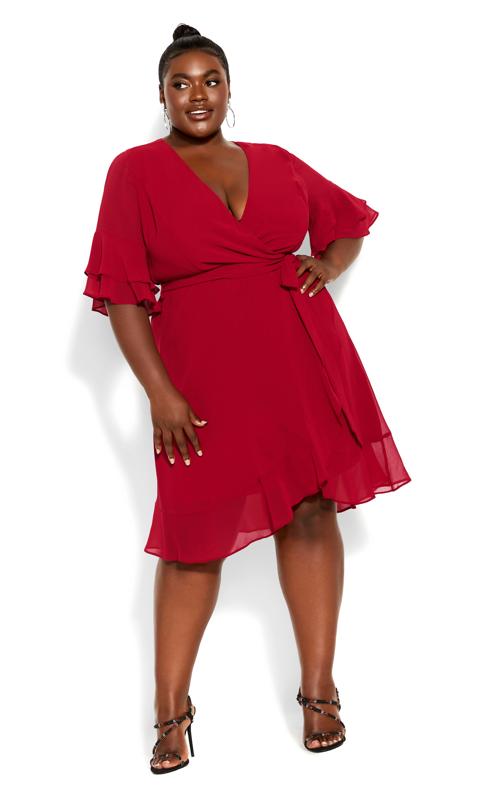 Plus Size  City Chic Red Frill Sleeve Wrap Dress