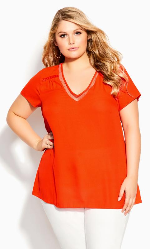 Plus Size  Evans Orange Lace Insert V-Neck T-Shirt