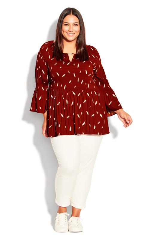 Plus Size  Avenue Red Feather Print Cut Out Detail Top