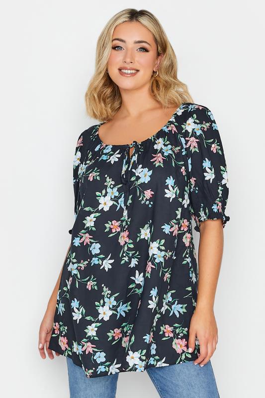 YOURS Plus Size Navy Blue Floral Tie Neck Gypsy Top | Yours Clothing 1