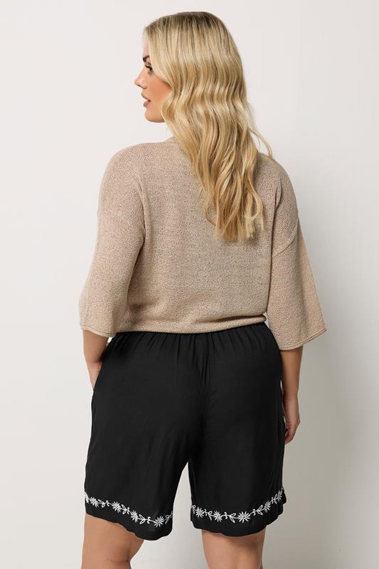YOURS Plus Size Black Floral Embroidered Hem Shorts | Yours Clothing 2