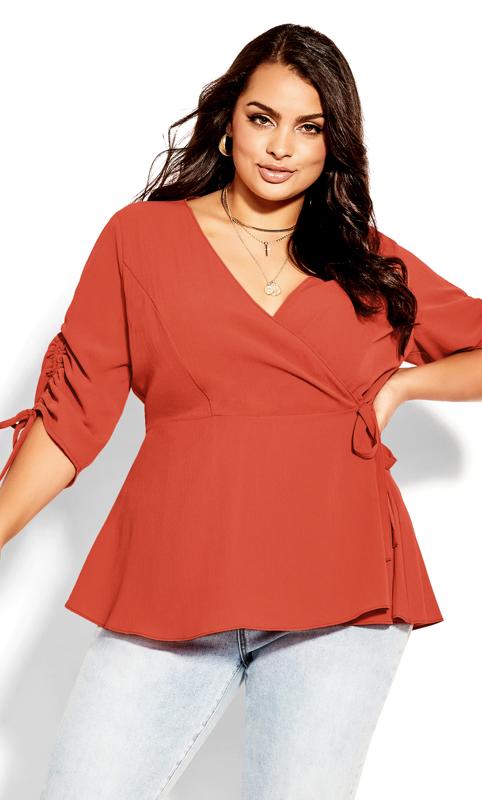  Grande Taille Evans Coral Orange Ruched Sleeve Wrap Top