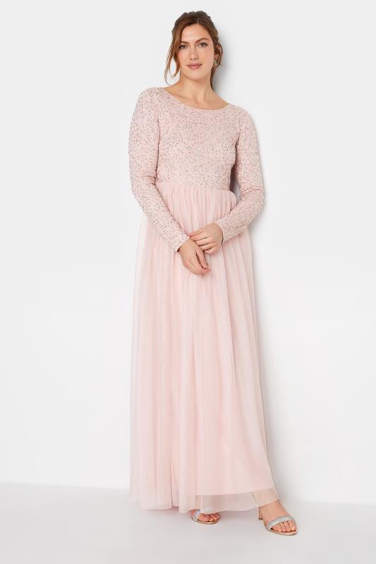 LTS Tall Blush Pink Long Sleeve Sequin Hand Embellished Maxi Dress 2