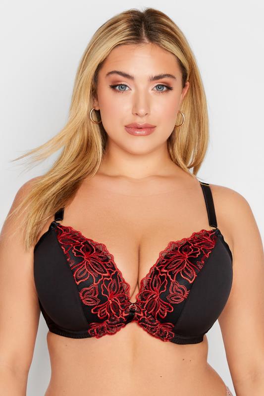  Tallas Grandes Black & Red Embroided Floral Padded Bra