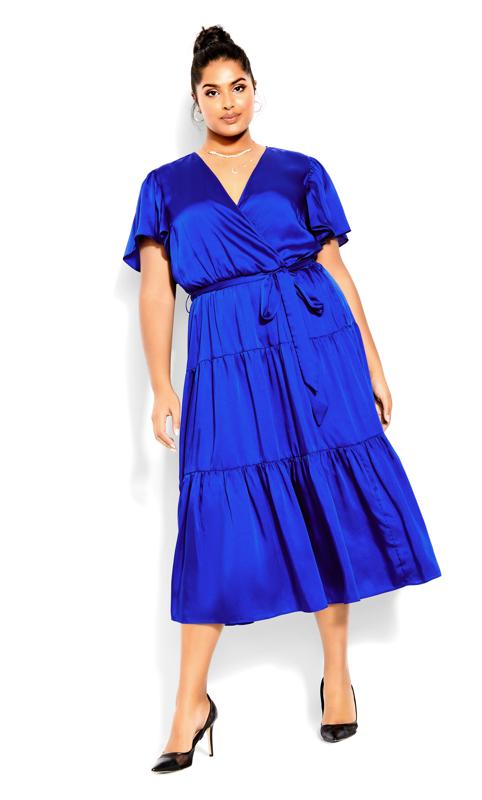 Plus Size  Evans Blue Satin Smock Midaxi Wrap Dress