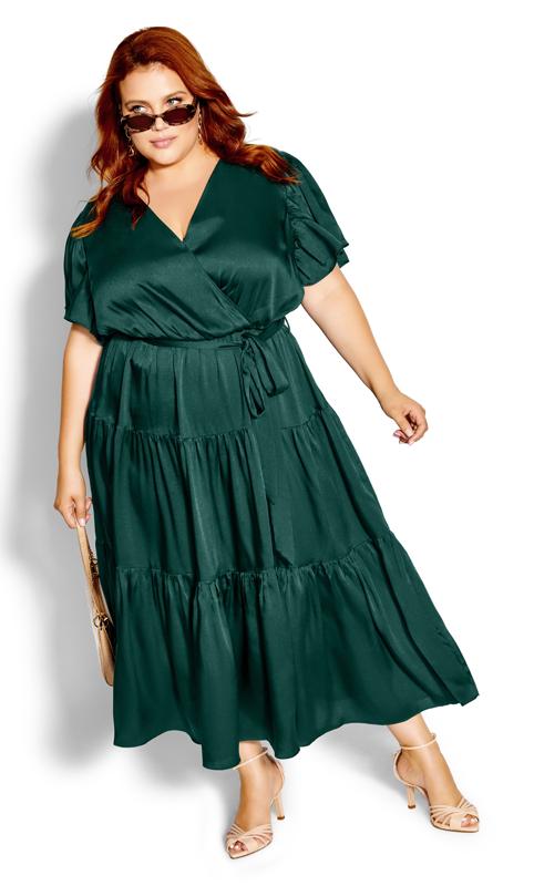  Grande Taille City Chic Green Satin Tiered Wrap Maxi Dress