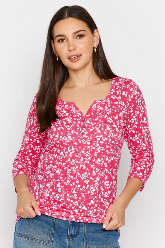  LTS Tall Pink Ditsy Floral Print Cotton Henley Top