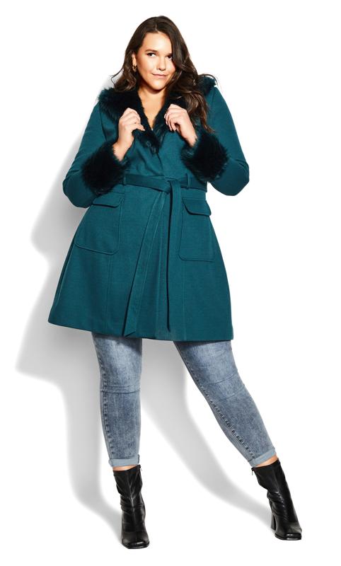Plus Size  City Chic Teal Green Faux Fur Trim Coat