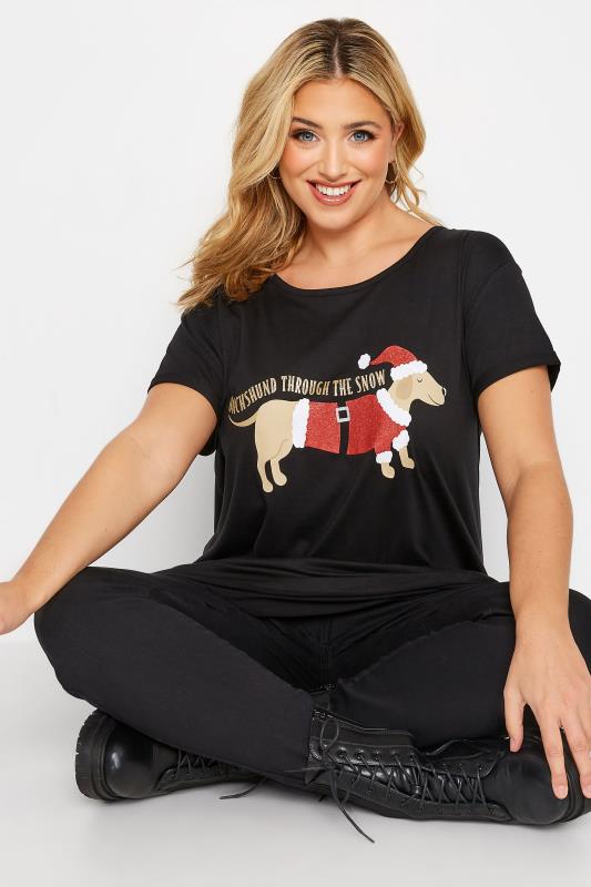 Plus Size Black 'Dachshund Through The Snow' Glitter Slogan Christmas T-Shirt | Yours Clothing 4