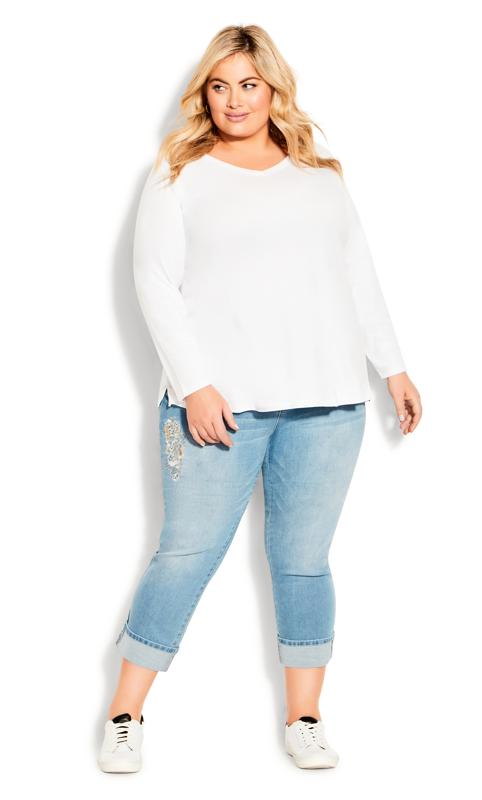 Plus Size  Evans Light Blue Denim Embroidered Turn Up Cropped Jeans
