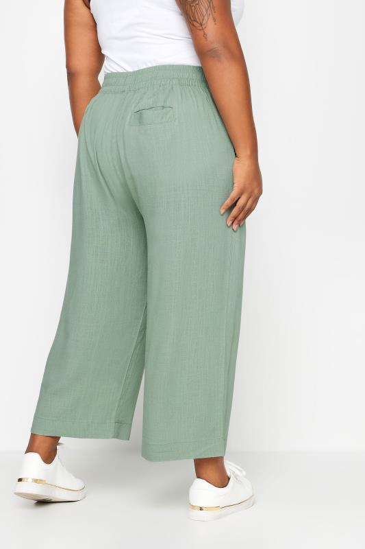 YOURS Plus Size Sage Green Wide Leg Cropped Linen Trousers | Yours Clothing