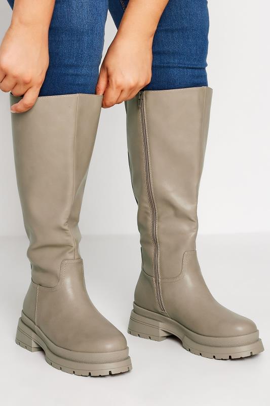 Plus Size  LIMITED COLLECTION Beige Brown Faux Leather Pull On Knee High Boots In Extra Wide Fit