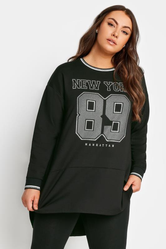 Plus Size  YOURS Curve Black 'New York' Glitter Slogan Sweatshirt