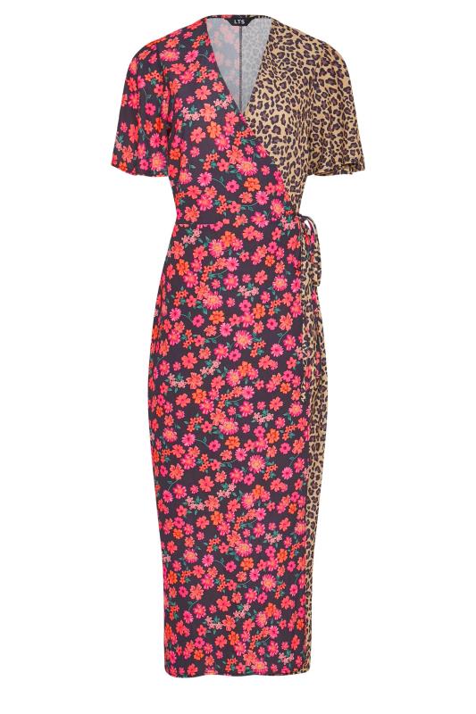 LTS Tall Black Contrast Leopard Floral Wrap Dress 6