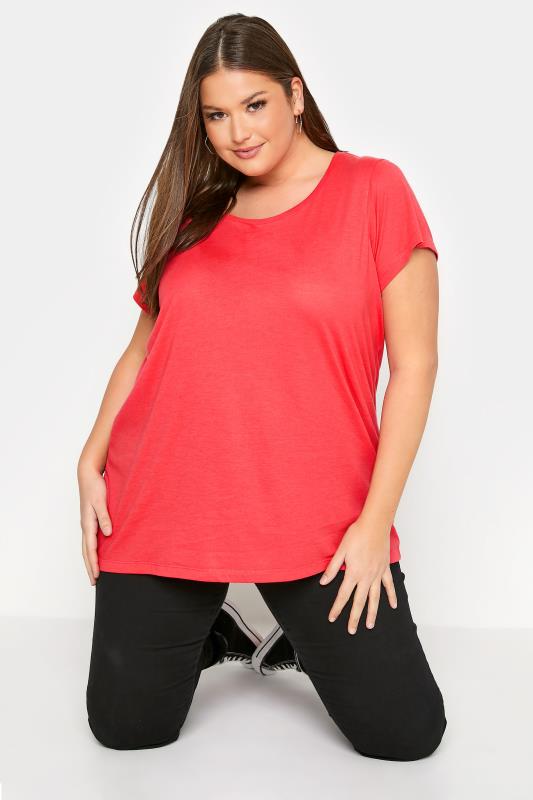 Plus Size  Curve Bright Red Short Sleeve Basic T-Shirt