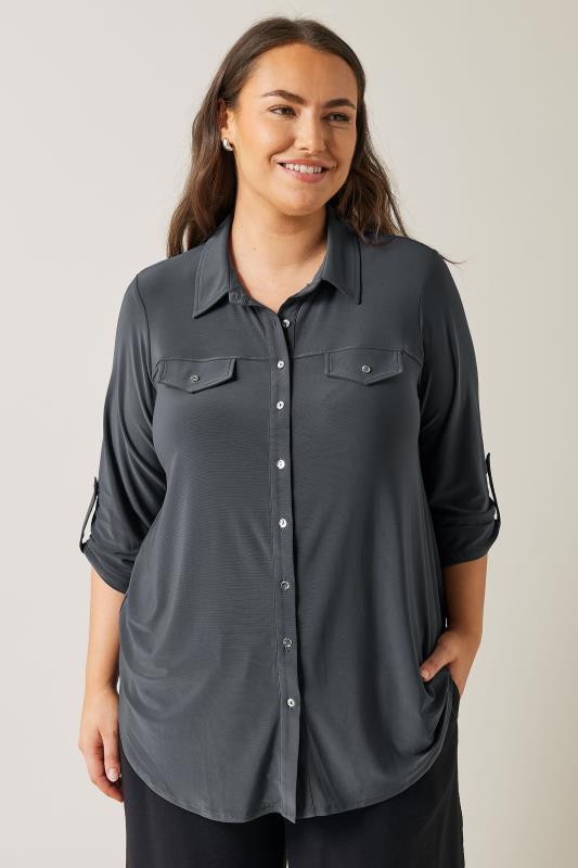 EVANS Plus Size Charcoal Grey Tab Sleeve Blouse | Evans 1