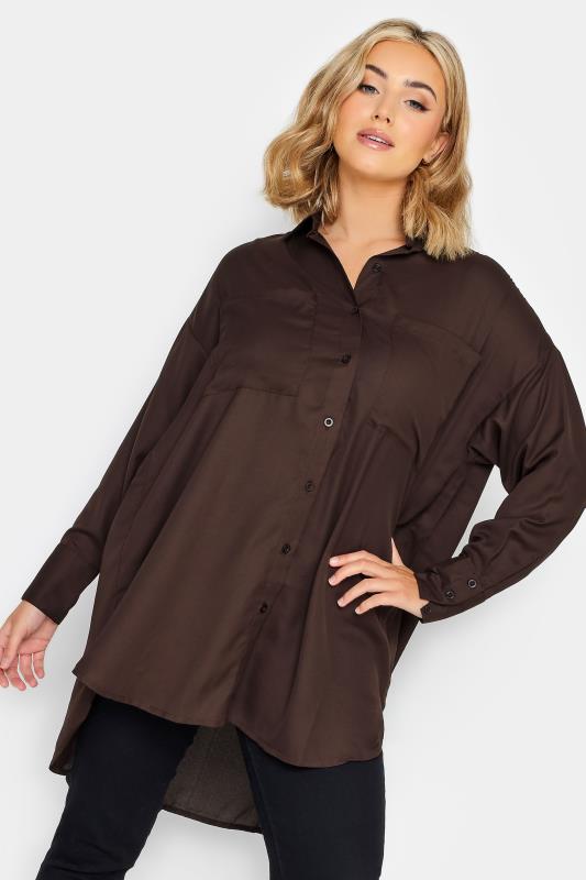 Plus Size Chocolate Brown Oversized Boyfriend Shirt | Yours Clothing 1