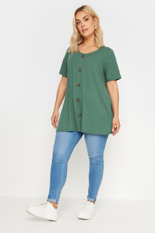 YOURS Plus Size Green Button Front Ribbed T-Shirt | Yours Clothing 2