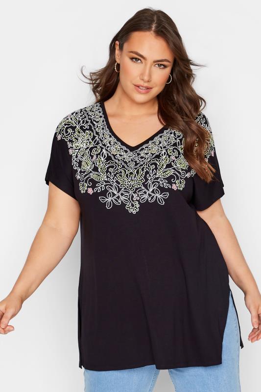 Plus Size Black Aztec Embroidered T-Shirt | Yours Clothing 1
