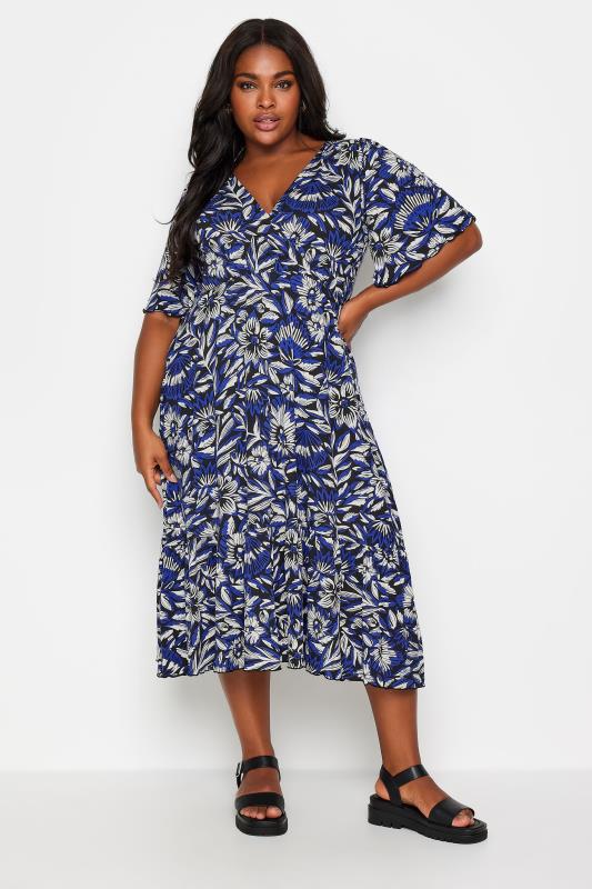 YOURS Plus Size Blue Floral Print Angel Sleeve Midi Dress | Yours Clothing 1