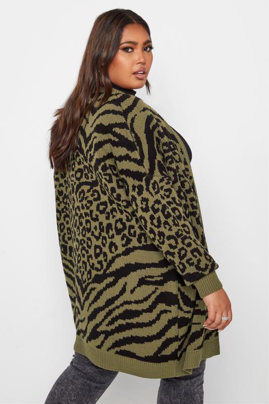 Plus Size Curve Khaki Green Animal Knitted Cardigan | Yours Clothing 3