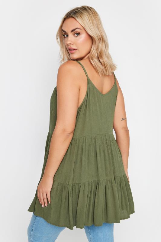 YOURS Plus Size Khaki Green Crinkle Tiered Vest Top | Yours Clothing 3