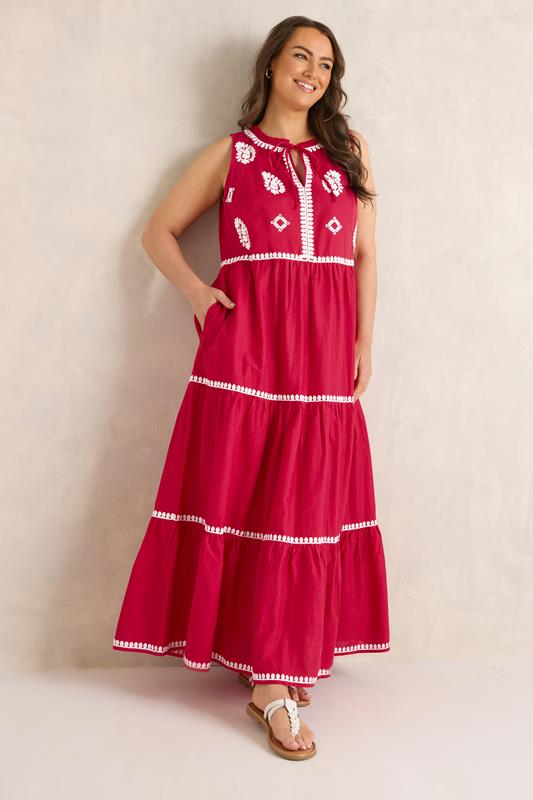  EVANS vestido largo de algodón rojo adornado