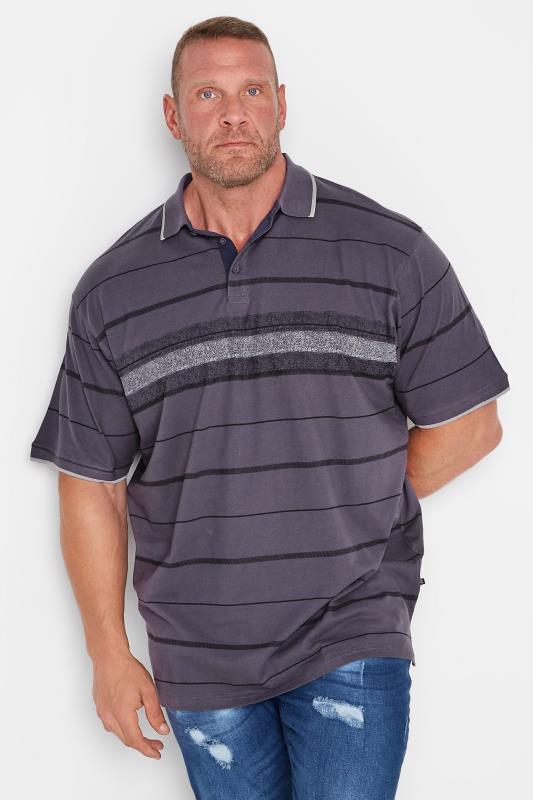 KAM Big & Tall Grey Distressed Stripe Print Polo Shirt 1