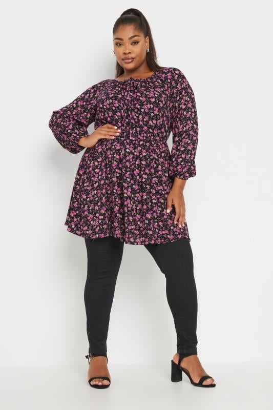 YOURS Plus Size Pink Floral Crinkle Tie Neck Dress | Yours Clothing  3