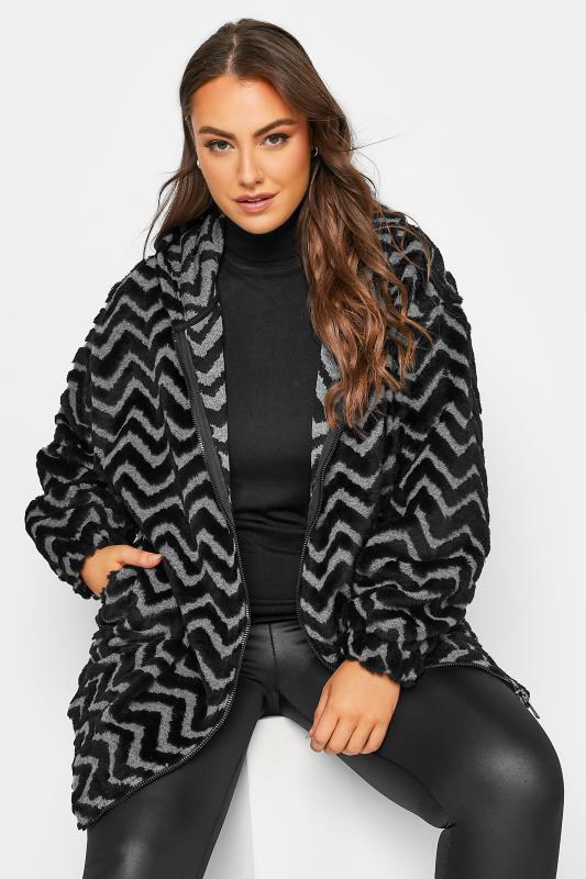 YOURS LUXURY Womens Plus Size Curve Black & Grey Zig Zag Faux Fur Coat | Yours Clothing 3