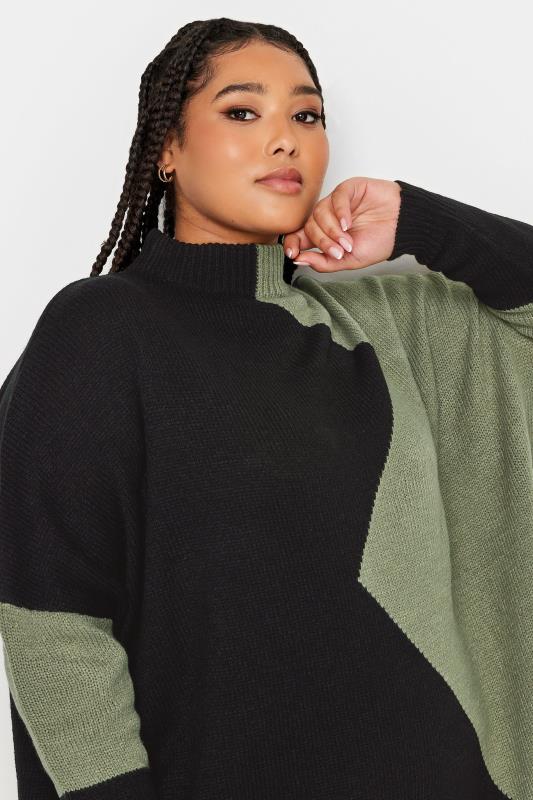 YOURS Plus Size Black & Sage Green Colourblock Knitted Jumper | Yours Clothing 4