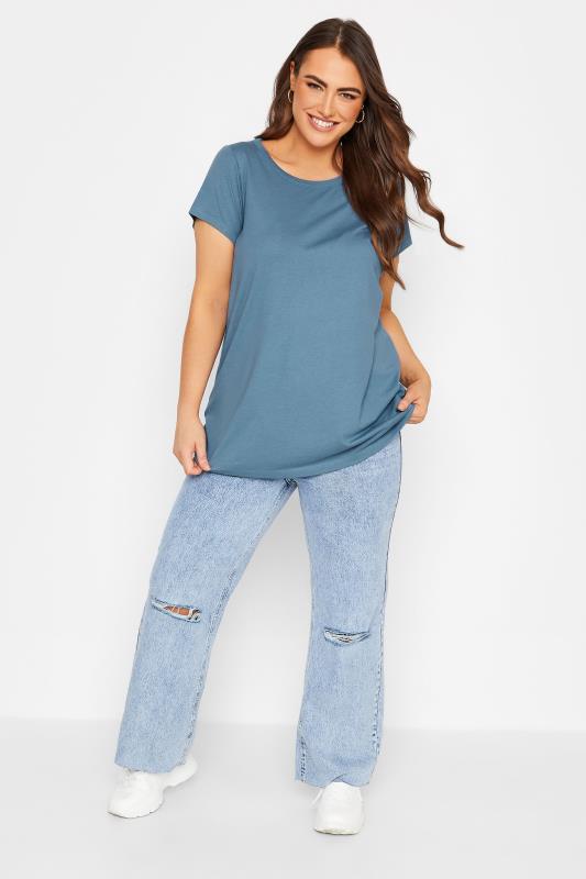 Curve Plus Size Blue Basic Short Sleeve T-Shirt  - Petite| Yours Clothing  2