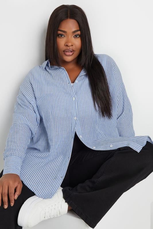  Tallas Grandes YOURS Curve Blue Pinstripe Linen Shirt