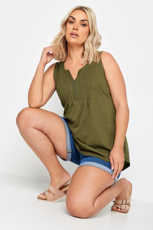 YOURS Plus Size Olive Green Pintuck Henley Vest Top | Yours Clothing 2
