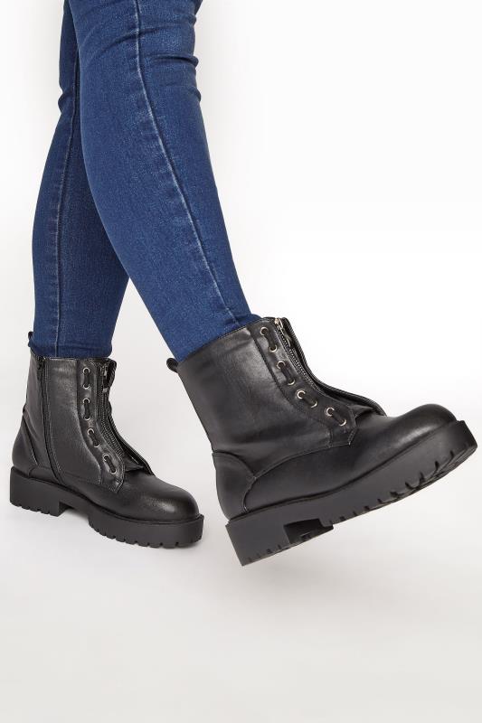 LIMITED COLLECTION Black Vegan Faux Leather Zip Chunky Boots In Extra Wide EEE Fit | Yours Clothing 1